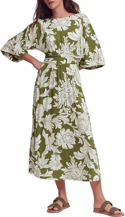 Boden Imelda Floral Kimono Jersey Midi Dress in Olive, Botanical Flourish Mono at Nordstrom, Size 12