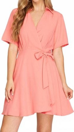 She + Sky Short Sleeve Wrap Dress With Front Side Tie In Coral Pink