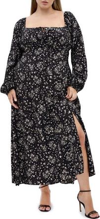 City Chic Abbigail Long Sleeve Floral Print Dress in Black Ditsy at Nordstrom, Size Xxl