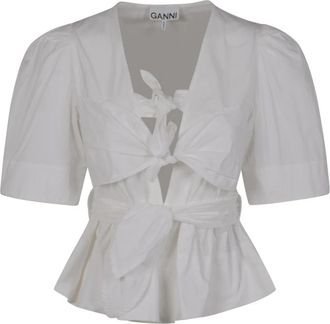 Ganni Washed Stretch Cotton Tie Strap Blouse - Dames - Blouses - Wit - S - Katoen - Overhemden