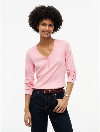 Tommy Hilfiger Womens Gold-Button Rib-Knit Henley - Iced Rose - XXL