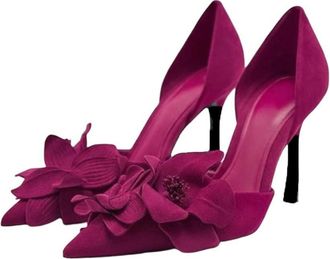 Generic Women Suede High Heel Pumps Pointed Toe Floral Detail Party Holiday Dress Shoes