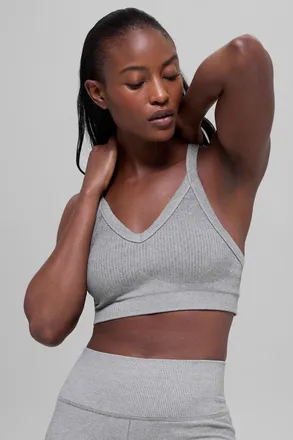 Alo | Seamless Two Tone Rib Bra in Light Misty Grey Heather, Size: Medium