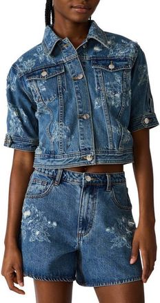Steve Madden Distressed Short Sleeve Denim Jacket in Mixed Indigo at Nordstrom, Size X-Large