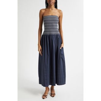 Ramy Brook Jace Cotton Poplin Strapless Smocked Maxi Dress in Navy at Nordstrom, Size Xx-Small