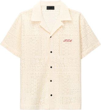 Rta Nathan Oversized Open Weave Button-Up Camp Shirt in Sand Cursive at Nordstrom, Size Xxx-Large