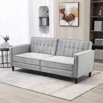 HOMCOM Convertible Sofa Futon Velvet-Touch Tufted Couch Sofa Bed Split Back in Light Grey