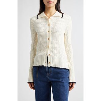EENK Contrast Trim Pointelle Cable Knit Cardigan in Ivory at Nordstrom, Size X-Small