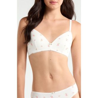 Etam Sleepover Wireless Stretch Cotton Triangle Bra in Ecru Flower Print at Nordstrom, Size 32C