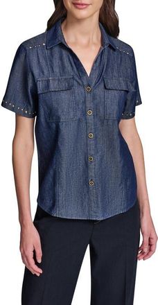 Karl Lagerfeld Studded Button-Up Shirt in Indigo at Nordstrom, Size X-Large