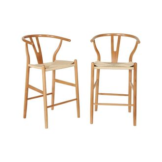 Sweeek Taburete de bar vintage de madera de haya y cuerdas, set de 2, natural