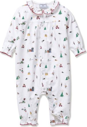Petite Plume Madeline Holiday Town One-Piece Brushed Twill Pajamas in White at Nordstrom, Size 18-24M