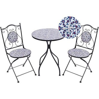 Beliani Set da bistrot da giardino in metallo nero con motivo a mosaico blu e telaio in ferro Camprena
