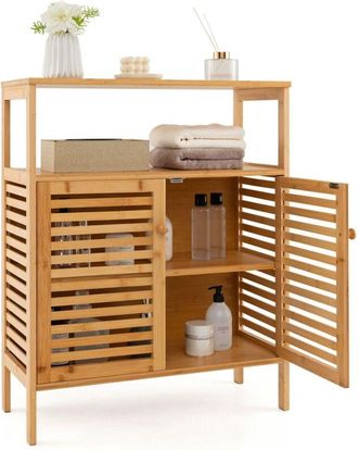 Costway Bamboo Side Storage Organizer Bathroom Floor Cabinet w/ Double Doors
