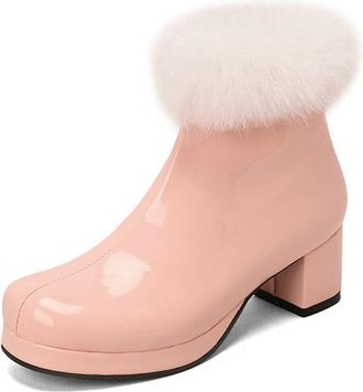 Generic Womens Patent PU Leather Ankle Boots Side Zipper with Faux Fur Trim Decor Comfort Round Toe Block Heel Winter Shoes (7.5,Pink)