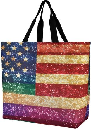 Generic Rainbow Glitter U.S. Flag Tote Bag Reusable Grocery Shopping Bags Large Travel One Shoulder Handbag for Picnic Work