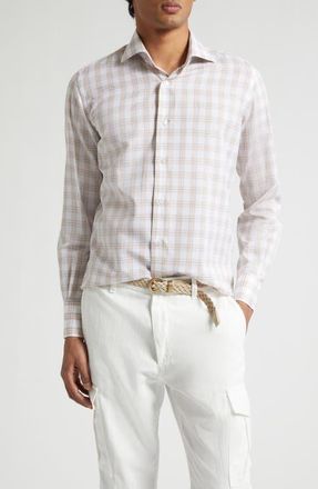 Eleventy Dandy Collar Check Cotton & Linen Button-Up Shirt in Sand at Nordstrom, Size Xxx-Large