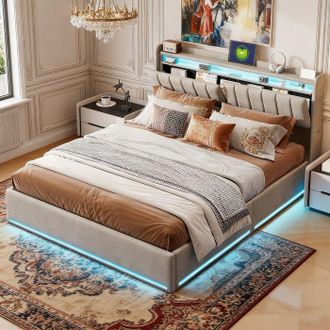 OEM Cama Con Arc&oacute;n 140x190 - Xlcw - Terciopelo Gris - Led Y Usb Integrados - Somier De Lamas + Arc&oacute;n