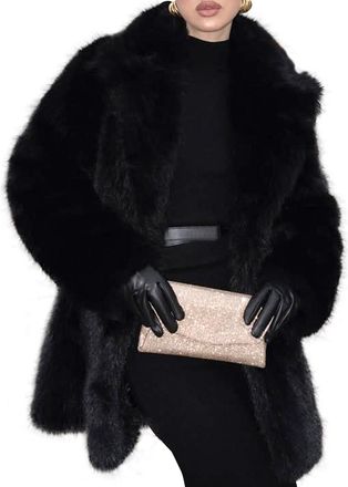 Generic Womens Faux Fur Coats Warm Mid Long Furry Jackets Long Sleeve Lapel Winter Fluffy Outerwear Shaggy Parka Coat (Black,M)