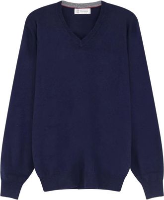 Brunello Cucinelli Jersey de Cachemira con Cuello en V - Knitwear - Hombre - Azul - 4XL