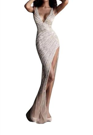 Jovani High Slit Beaded Prom Dress In Gold/silver