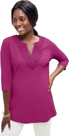 Jessica London Stretch Cotton Crochet Notch Neck Tunic in Raspberry at Nordstrom, Size Small