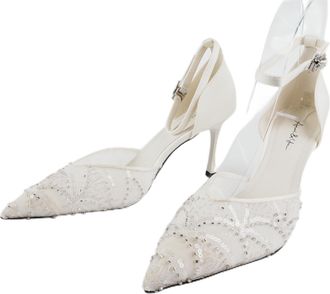 Generic Womens Elegant Pointed Toe Ankle Strap Heels Sequin Pumps for Evening Wedding Party Formal, White, 6.5 Narrow