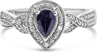 House of Brilliance 925 Sterling Silver 6x4mm Pear Sapphire Gemstone with Diamond Accent Fashion Halo Ring