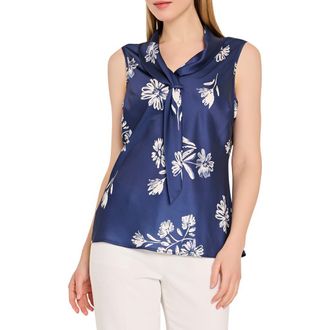Tahari by ASL Floral Sailor Tie Sleeveless Top in Navy Ivory at Nordstrom, Size X-Large P