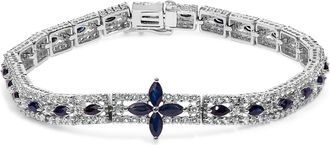 House of Brilliance Sterling Silver Dark Blue Sapphire and Topaz Marquise Floral Art Deco Link Bracelet