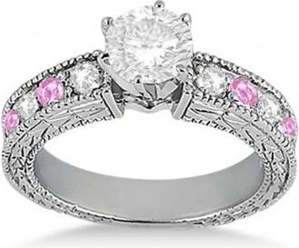 Allurez Antique Diamond & Pink Sapphire Engagement Ring 14k White Gold (0.75ct)