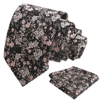 Alizeal Mens 8cm Colorful Floral Necktie and Pocket Square Classic Wedding Tie and Hanky Set, Black+Pink