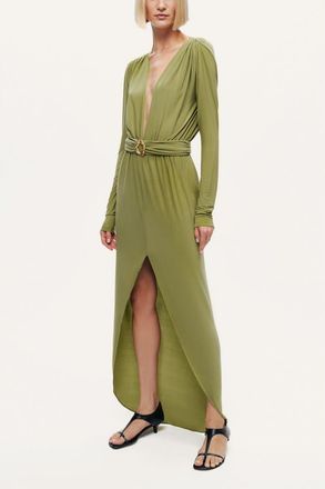 Nocturne Deep Plunge Belted Jersey Maxi Dress in Olive Green at Nordstrom, Size X-Small Eu