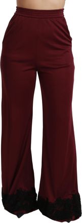 Dolce & Gabbana Womens Black Lace High Waist Wide Leg Maroon Pants Bordeaux Viscose Polyester Stretch