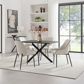 Furniturebox Leonardo Black Top Dining Table & 4 Beaumont Grey Fabric Chairs in Cream