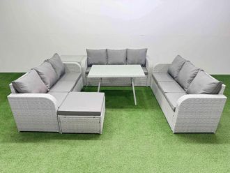 Fimous 10 Seat PE Rattan Garden Furniture with Side Table Big Stool in Light Grey