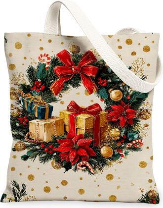 Generic Christmas Canvas Tote Bags, Festive Wreath Design Reusable Shopping Bags, Lightweight Washable Holiday Shoulder Strap, White, 13x15 Inch
