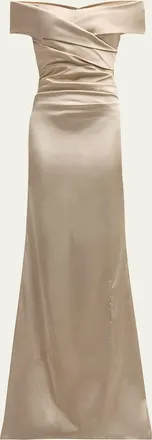 Teri Jon Pleated Off-Shoulder Satin Column Gown