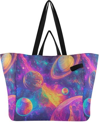 Generic Planet Stars Colorful pattern Reusable Canvas Tote Bag, Heavy Duty Grocery Shopping Bag with Double Handles Hard Bottom Large Capacity Work Groceries 