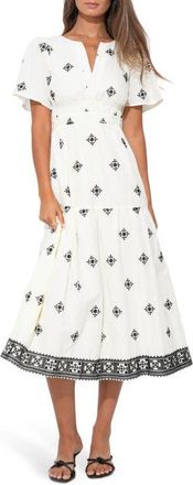 Adelyn Rae Elani Embroidered Cotton Midi Dress in Ivory/Black at Nordstrom, Size X-Small
