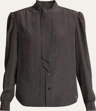 Saint Laurent Polka Dot Tie-Neck Button Down Silk Blouse