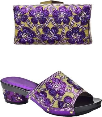 Generic Womens Shoes and Bag Set Sparkly Rhinestone Flowers Handbag Shiny Elegant Slip On Sandals for Evening Party Wedding