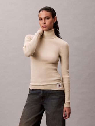 Calvin Klein Jeans Rollkragenpullover CALVIN KLEIN JEANS, Damen, Gr. XXL (46), pelican, Rippstrick, Obermaterial: 100% Baumwolle, unifarben, figurbetont normal, hoch ges