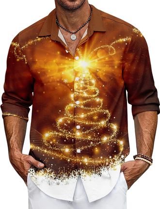 Generic Christmas Shirts for Men Santa Claus Party Long Sleeve Button Down Shirts Family Christmas Outfits (UK, Alpha, XXL, Regular, Regular, 16)