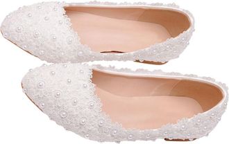 Vosarea Comfortable White Lace Pearl Pointed Flat Shoes for Pregnant Women Anti-Slip Casual Flats with Breathable Design Lightweight Slip Everyday Wear and Le