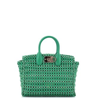 Ferragamo Studio Box Satchel Woven Leather with Raffia Medium