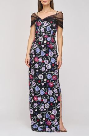 JS Collections Stormi Floral Embroidery Mesh Sleeve Gown in Black/Multi at Nordstrom, Size 18