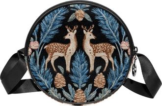 Generic Circle Crossbody Bag for Women, Embroidered Deer Leaves Small Sling Bag Daypack with Zipper Adjustable Shoulder Straps Casual Ladies Girls Round Purse