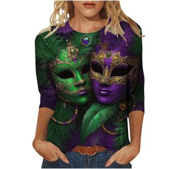 Generic 2026 Mardi Gras Tops for Women UK Casual 3/4 Sleeve Carnival Mask Graphic Shirts Dressy Comfy Crew Neck Loose Fit Blouse Ladies Elegant Lightweight Go