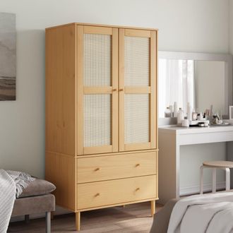 Berkfield Home Wardrobe SENJA Rattan Look Brown 90x55x175 cm Solid Wood Pine | Size: 90 x 55 x 175 cm